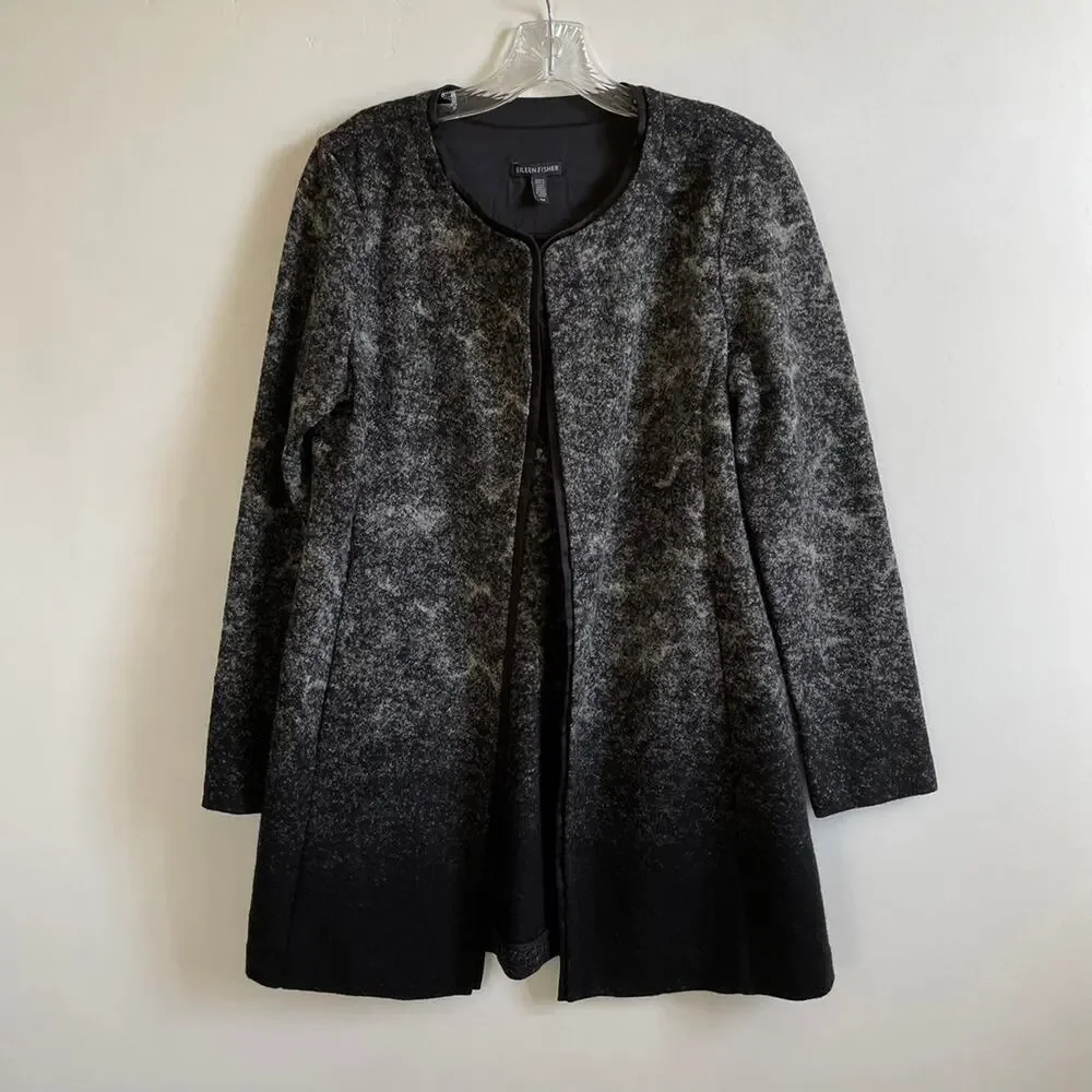 Eileen Fisher Black Sprinkle Felted Wool Silk Open Front Jacket